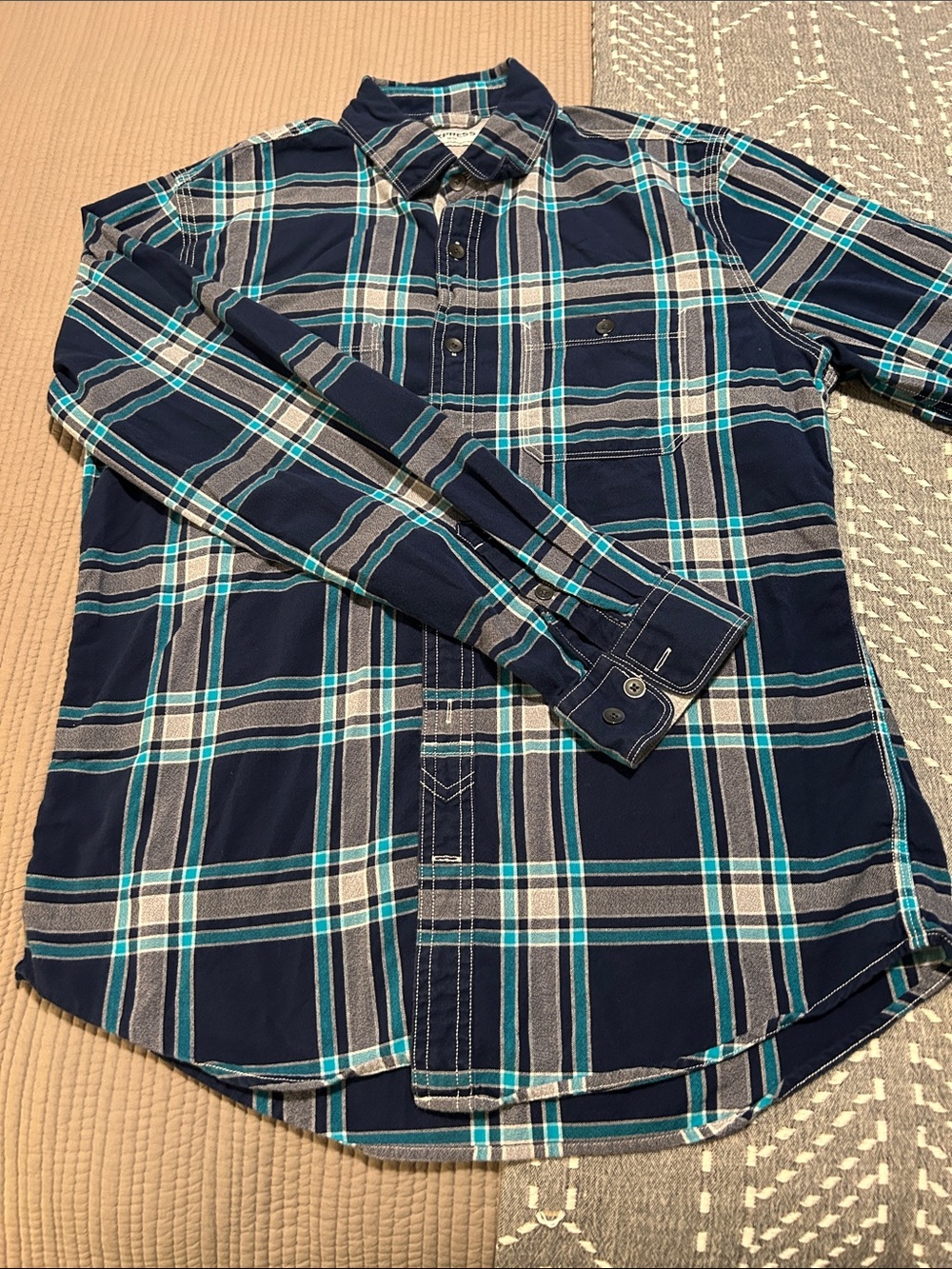 Express Navy Plaid Button-Down Shirt with Teal & White Accents